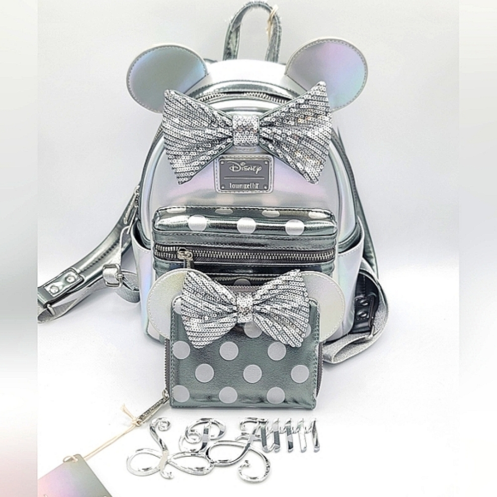 SOLD Loungefly Disney 100 Minnie Mouse Platinum Backpack & Wallet NEW NWT #1635 - Picture 1 of 16